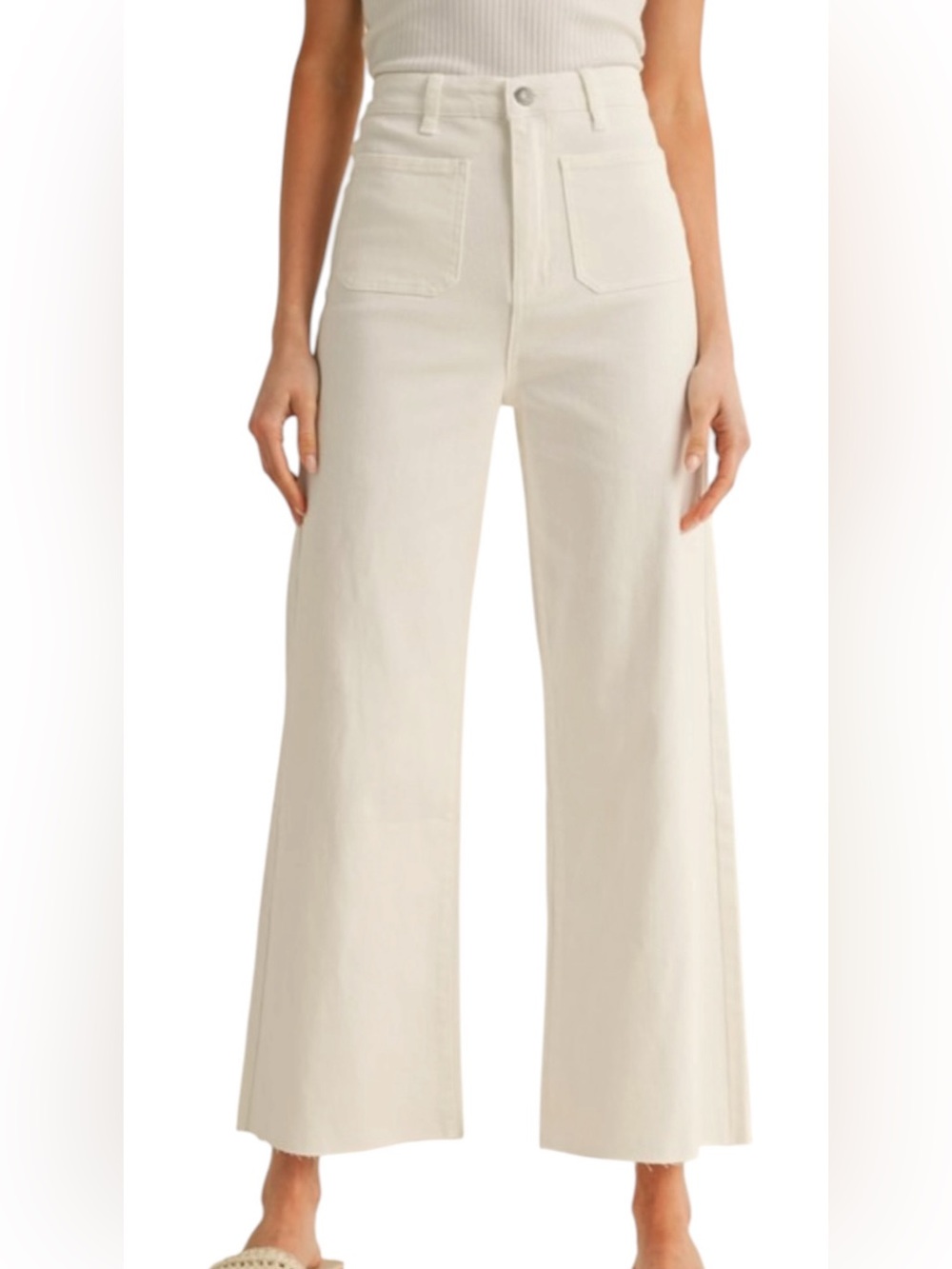 AnnieWear Stretch Wide Leg Frayed Hem  White Denim